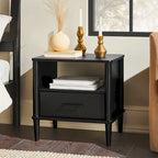 Comodino Moderno Mid-Century in Pino Massello con Fusi, Cassetto e Vano Aperto – Tavolino Basso da Notte
