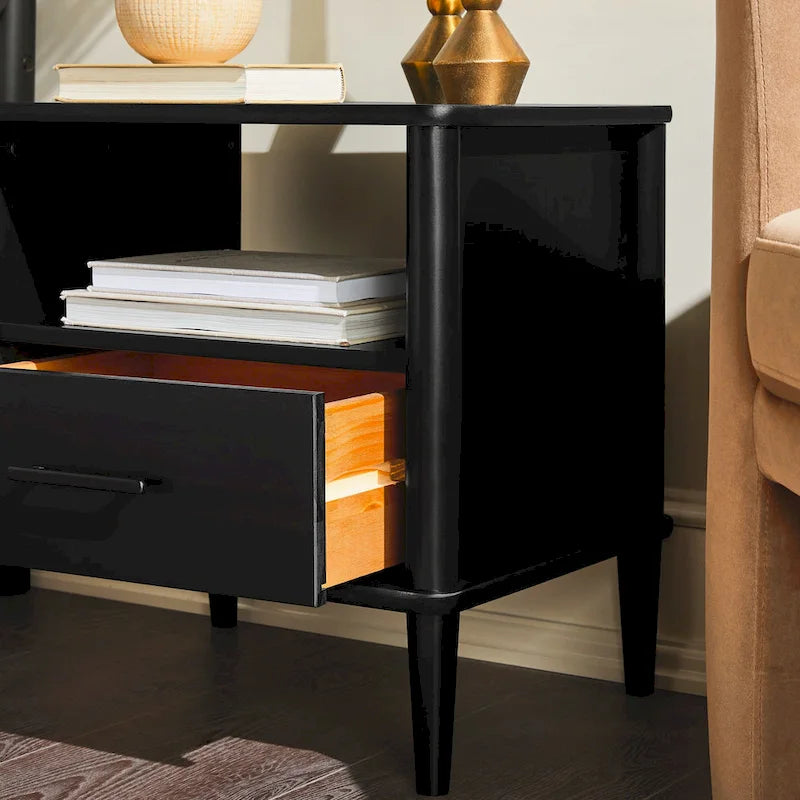 Comodino Moderno Mid-Century in Pino Massello con Fusi, Cassetto e Vano Aperto – Tavolino Basso da Notte