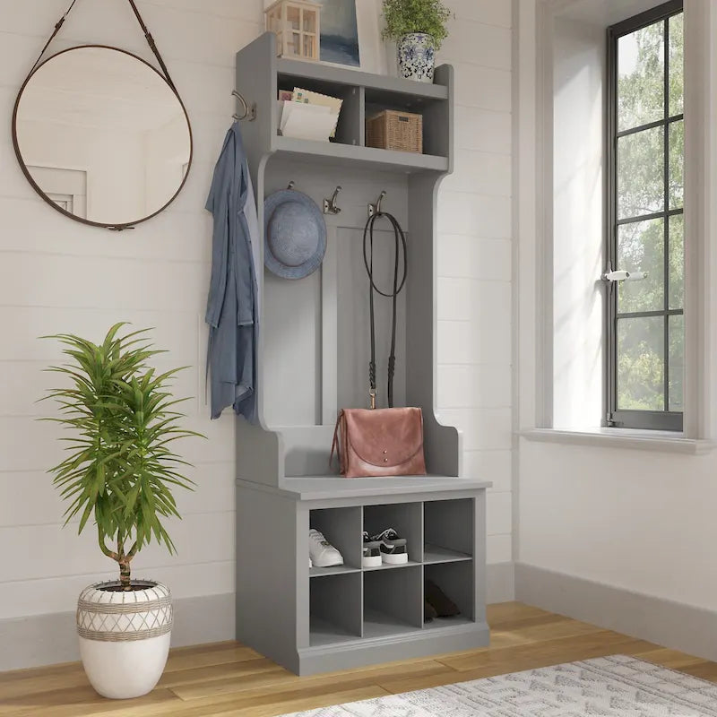 Bush Furniture Woodland Appendiabiti da Ingresso e Scarpiera con Ripiani – 6 Cestelli, 5 Ganci Appendiabiti, 113 kg, 3 Anni di Garanzia