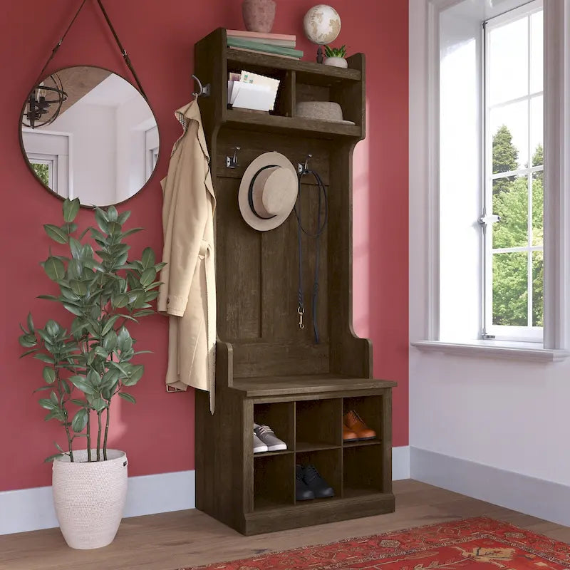 Bush Furniture Woodland Appendiabiti da Ingresso e Scarpiera con Ripiani – 6 Cestelli, 5 Ganci Appendiabiti, 113 kg, 3 Anni di Garanzia