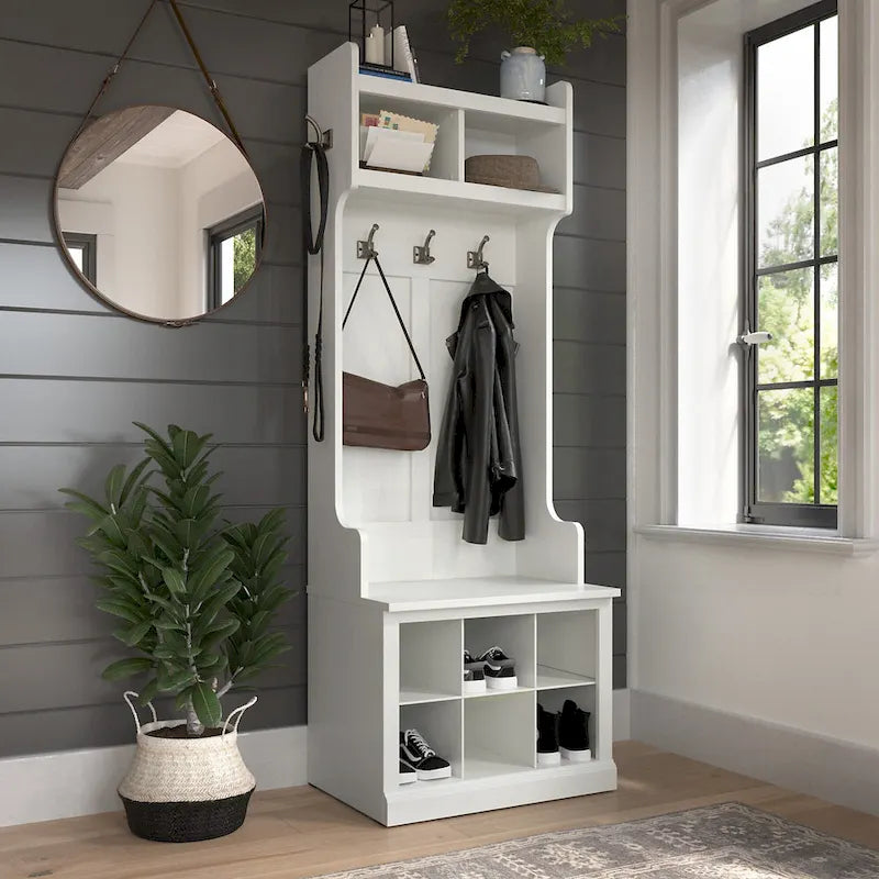 Bush Furniture Woodland Appendiabiti da Ingresso e Scarpiera con Ripiani – 6 Cestelli, 5 Ganci Appendiabiti, 113 kg, 3 Anni di Garanzia