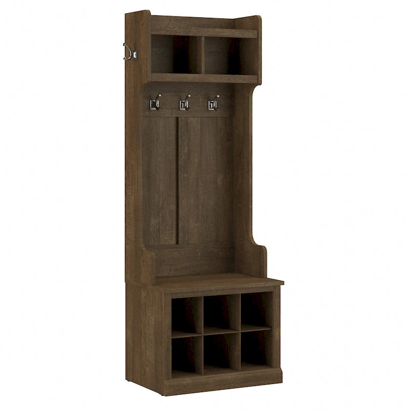 Bush Furniture Woodland Appendiabiti da Ingresso e Scarpiera con Ripiani – 6 Cestelli, 5 Ganci Appendiabiti, 113 kg, 3 Anni di Garanzia