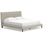 Letto imbottito Cielden King – Tessuto intrecciato grigio chiaro, doghe arrotolabili, profilo basso