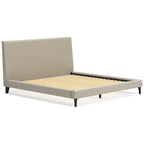 Letto imbottito Cielden King – Tessuto intrecciato grigio chiaro, doghe arrotolabili, profilo basso