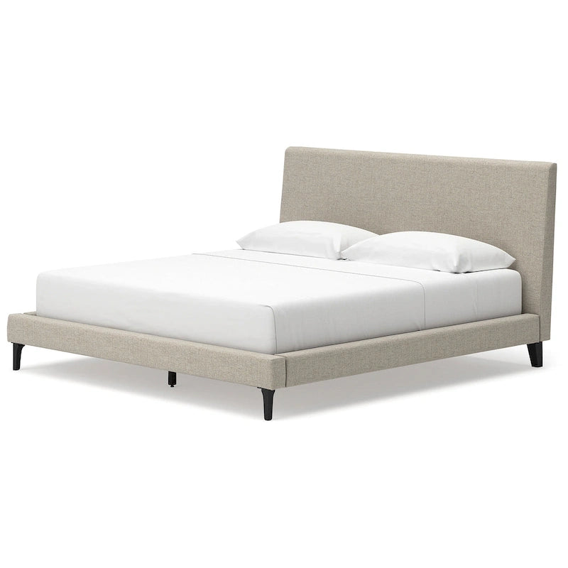 Letto imbottito Cielden King – Tessuto intrecciato grigio chiaro, doghe arrotolabili, profilo basso