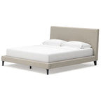 Letto imbottito Cielden King – Tessuto intrecciato grigio chiaro, doghe arrotolabili, profilo basso