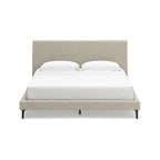 Letto imbottito Cielden King – Tessuto intrecciato grigio chiaro, doghe arrotolabili, profilo basso