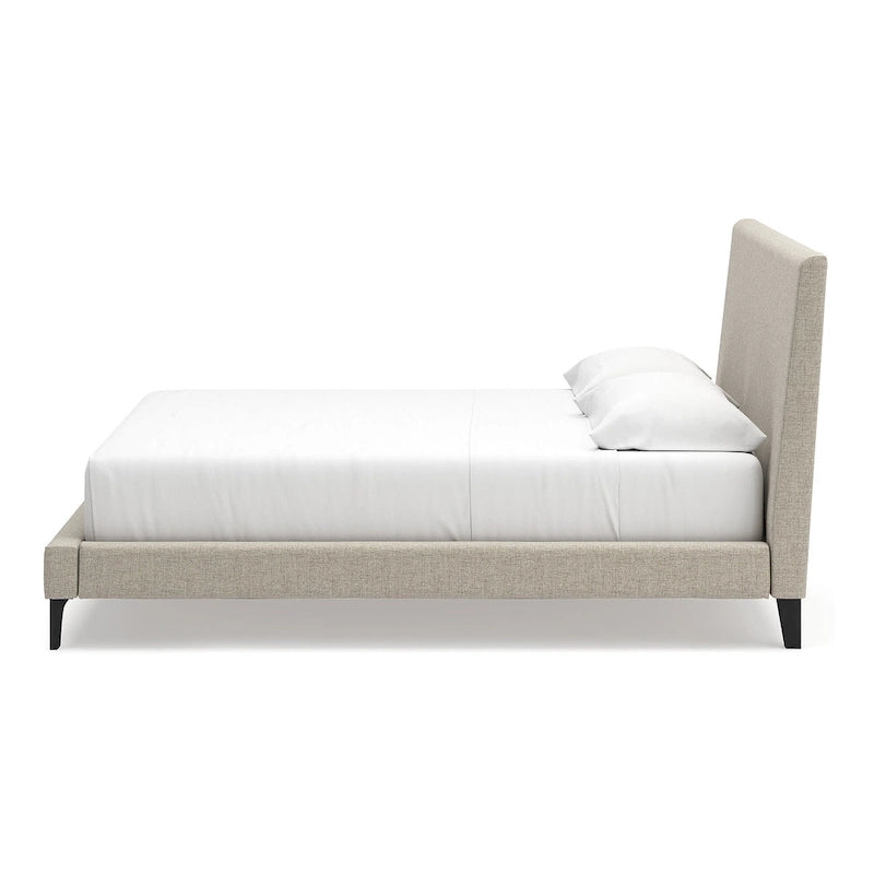 Letto imbottito Cielden King – Tessuto intrecciato grigio chiaro, doghe arrotolabili, profilo basso