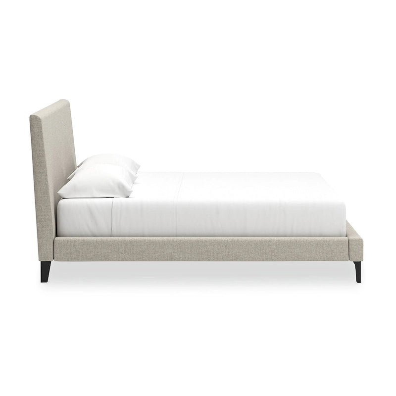 Letto imbottito Cielden King – Tessuto intrecciato grigio chiaro, doghe arrotolabili, profilo basso