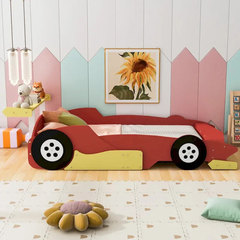 Letto a Piattaforma da Corsa a Grandezza Naturale con Ruote – Pino, Compensato e MDF, Sponde di Sicurezza, 2 Colori, Camera da Letto per Bambini