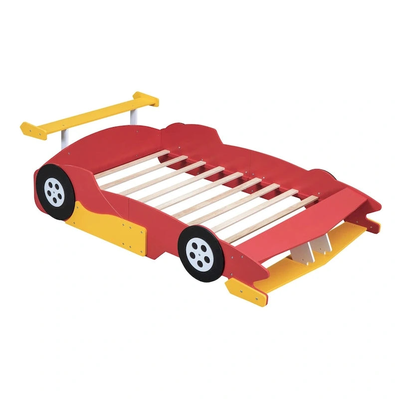 Letto a Piattaforma da Corsa a Grandezza Naturale con Ruote – Pino, Compensato e MDF, Sponde di Sicurezza, 2 Colori, Camera da Letto per Bambini