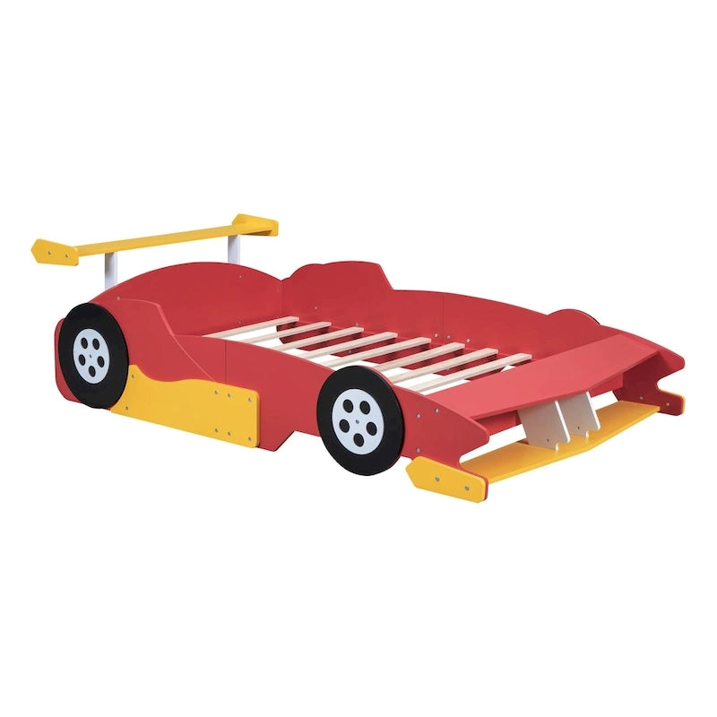 Letto a Piattaforma da Corsa a Grandezza Naturale con Ruote – Pino, Compensato e MDF, Sponde di Sicurezza, 2 Colori, Camera da Letto per Bambini