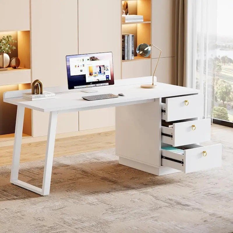 Scrivania per computer da 55" bianca con 3 cassetti – Maniglie dorate, antigraffio, per ufficio moderno
