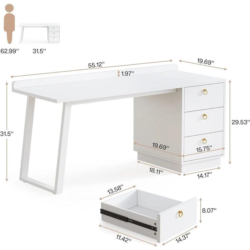 Scrivania per computer da 55" bianca con 3 cassetti – Maniglie dorate, antigraffio, per ufficio moderno