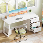 Scrivania per computer da 55" bianca con 3 cassetti – Maniglie dorate, antigraffio, per ufficio moderno