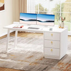 Scrivania per computer da 55" bianca con 3 cassetti – Maniglie dorate, antigraffio, per ufficio moderno