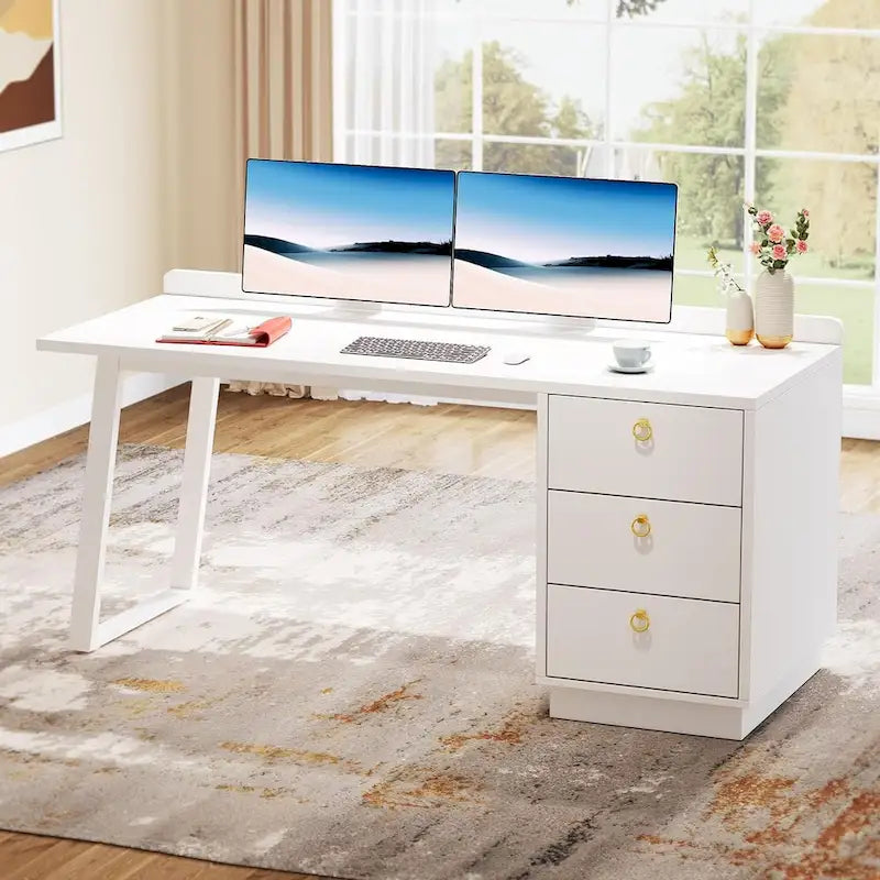 Scrivania per computer da 55" bianca con 3 cassetti – Maniglie dorate, antigraffio, per ufficio moderno