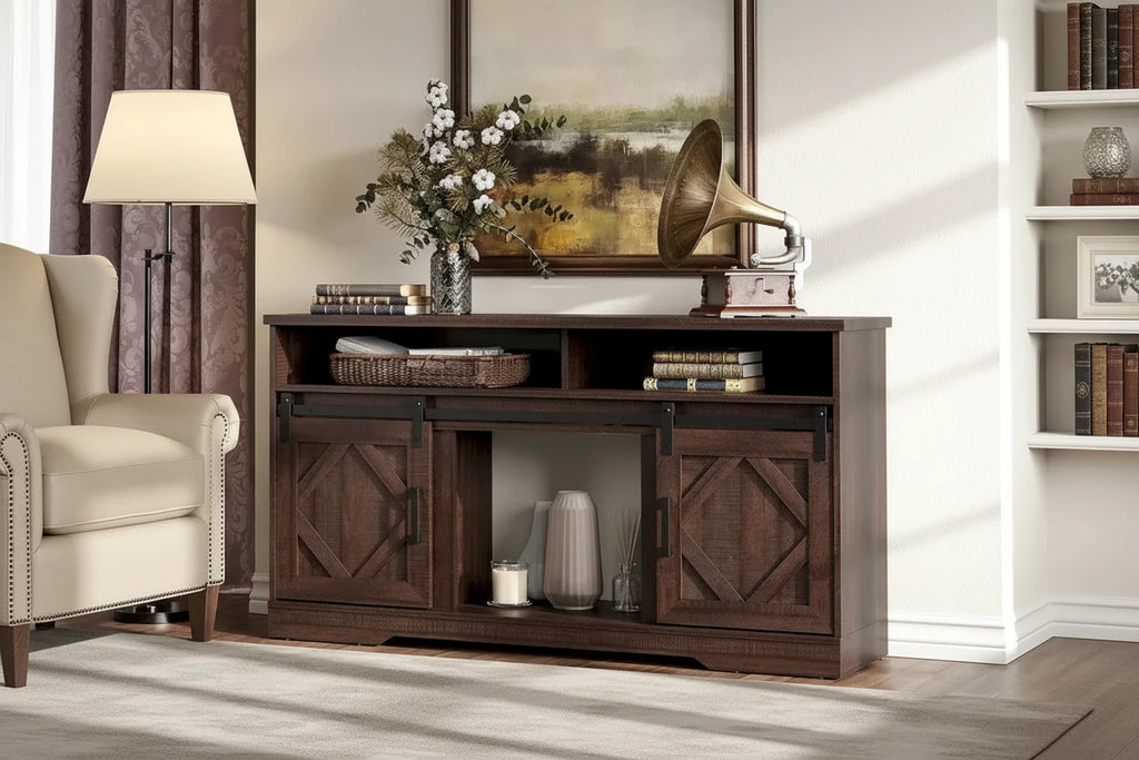 TV Stand for 65 70 Inch TV, Farmhouse Entertainment Center with 2 Sliding Barn Door,Rustic Brown - 59