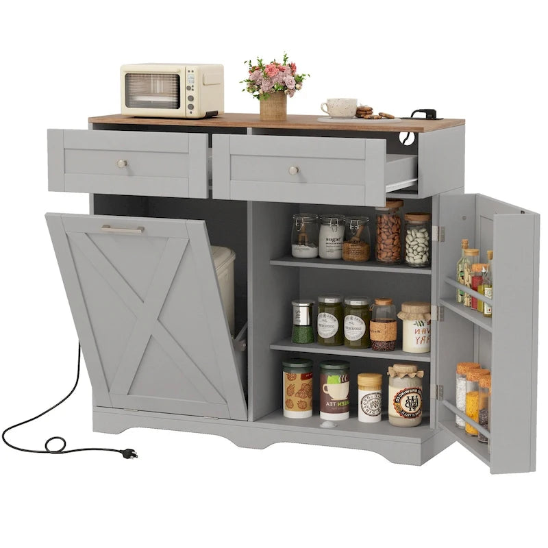 Mobile Pattumiera da Cucina con Stazione di Ricarica – Cestino a Scomparsa, 2 Cassetti, Ripiano Regolabile, 3 Colori