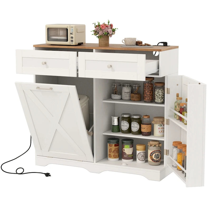 Mobile Pattumiera da Cucina con Stazione di Ricarica – Cestino a Scomparsa, 2 Cassetti, Ripiano Regolabile, 3 Colori