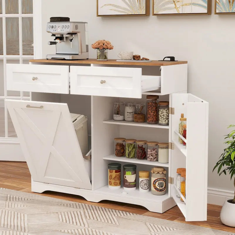 Mobile Pattumiera da Cucina con Stazione di Ricarica – Cestino a Scomparsa, 2 Cassetti, Ripiano Regolabile, 3 Colori