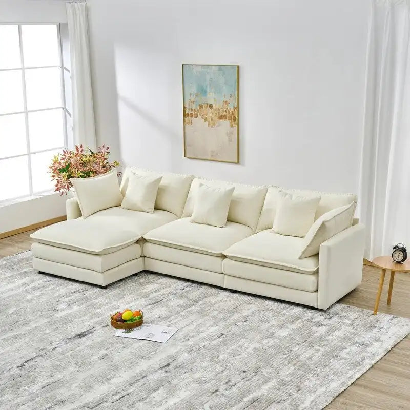 Divano a 3 posti in ciniglia da 280 cm con pouf coordinato – Schiuma ad alta densità, struttura in legno massello, colori multipli