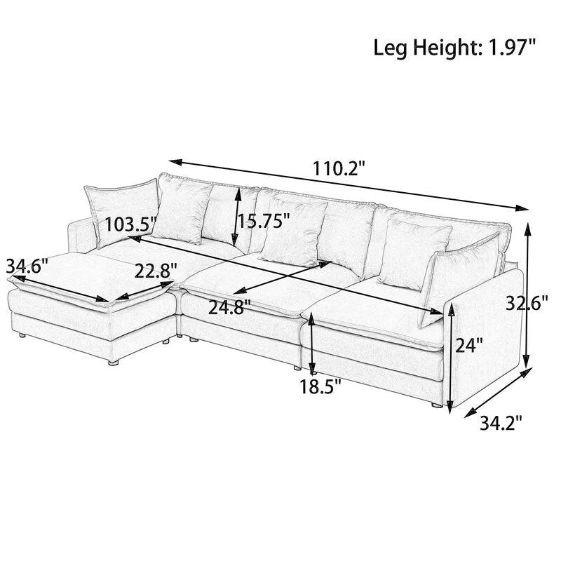 Divano a 3 posti in ciniglia da 280 cm con pouf coordinato – Schiuma ad alta densità, struttura in legno massello, colori multipli