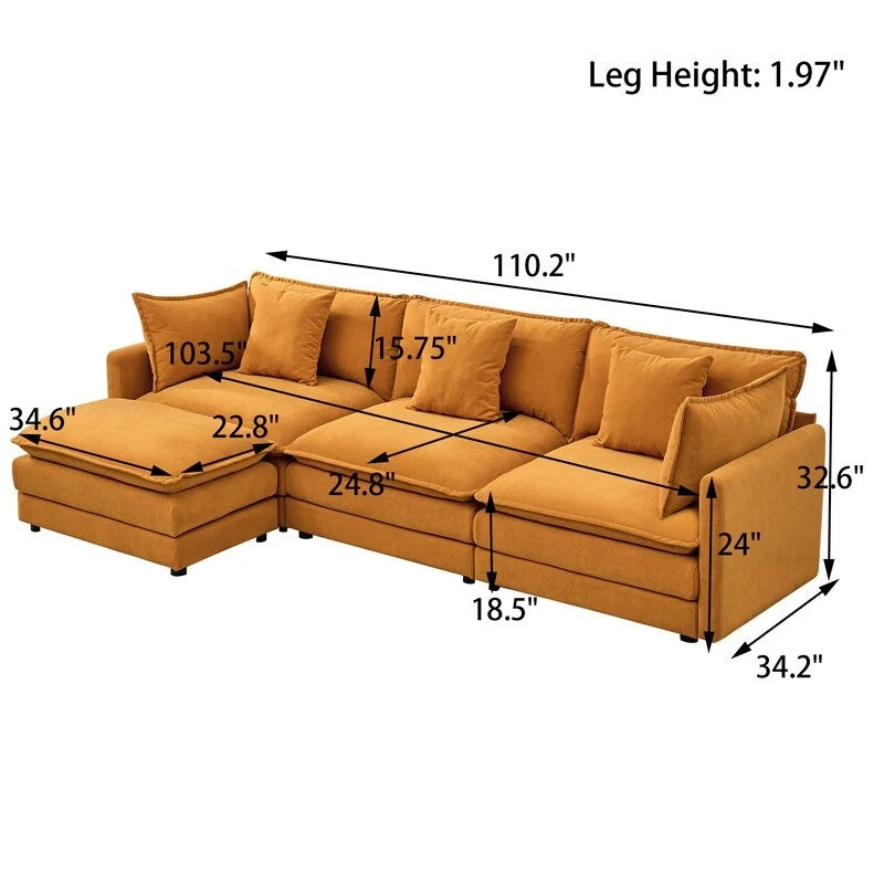 Divano a 3 posti in ciniglia da 280 cm con pouf coordinato – Schiuma ad alta densità, struttura in legno massello, colori multipli