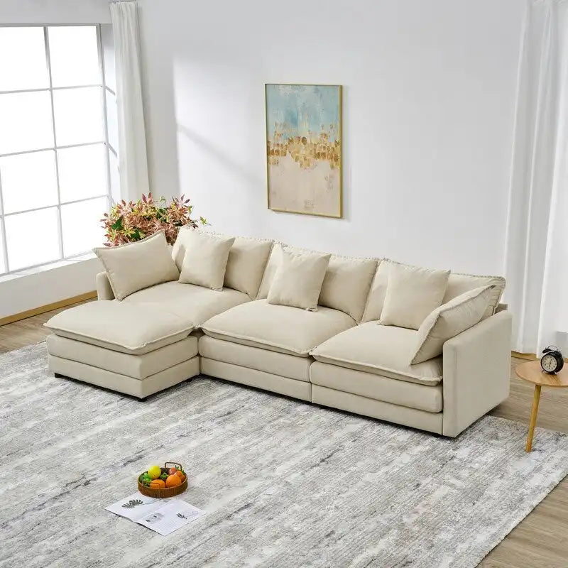 Divano a 3 posti in ciniglia da 280 cm con pouf coordinato – Schiuma ad alta densità, struttura in legno massello, colori multipli