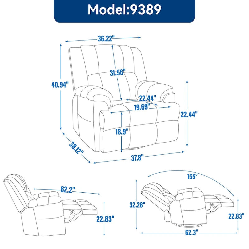 Poltrona Reclinabile Girevole Oversize – Girevole a 360°, Reclinabile a 155°, Braccioli Imbottiti, Tessuto, Montaggio senza attrezzi