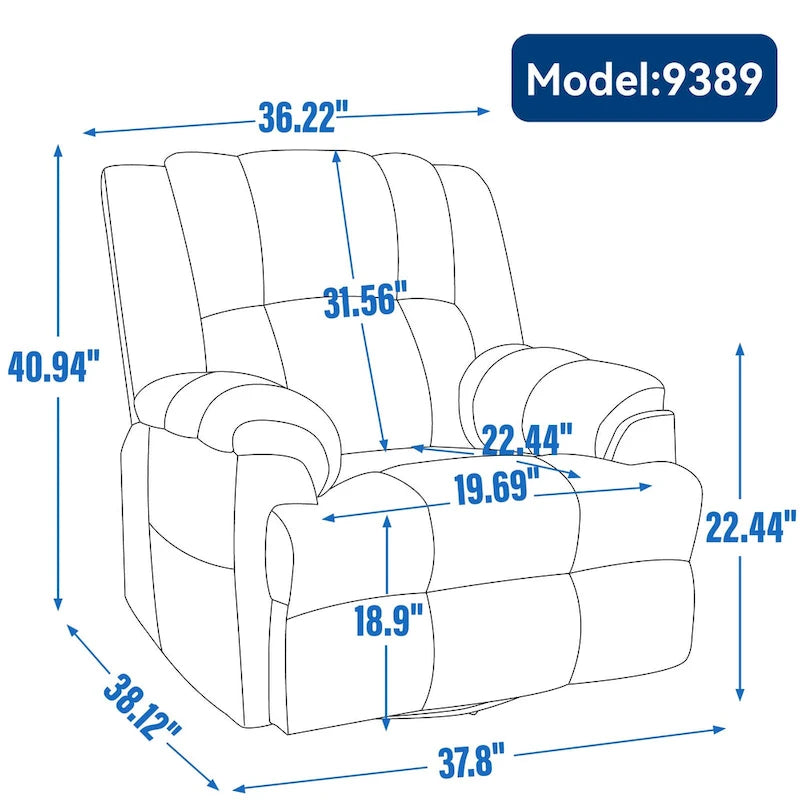 Poltrona Reclinabile Girevole Oversize – Girevole a 360°, Reclinabile a 155°, Braccioli Imbottiti, Tessuto, Montaggio senza attrezzi