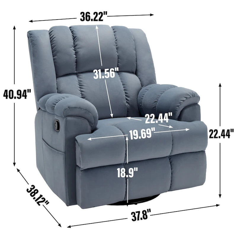 Poltrona Reclinabile Girevole Oversize – Girevole a 360°, Reclinabile a 155°, Braccioli Imbottiti, Tessuto, Montaggio senza attrezzi