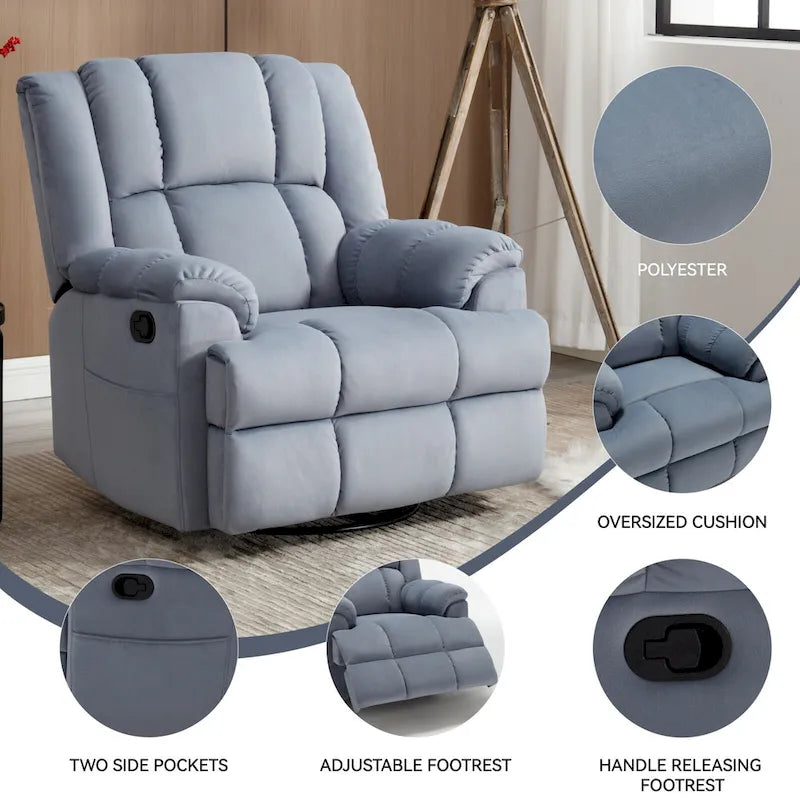 Poltrona Reclinabile Girevole Oversize – Girevole a 360°, Reclinabile a 155°, Braccioli Imbottiti, Tessuto, Montaggio senza attrezzi