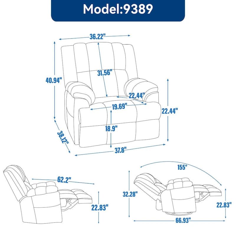 Poltrona Reclinabile Girevole Oversize – Girevole a 360°, Reclinabile a 155°, Braccioli Imbottiti, Tessuto, Montaggio senza attrezzi