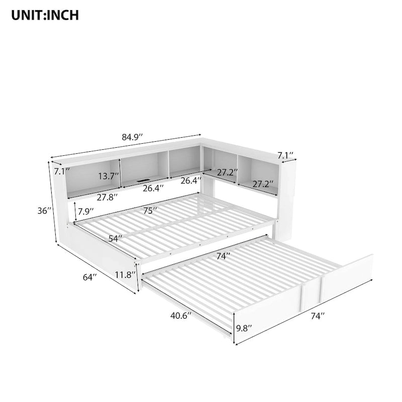 Divano Letto Devali Blue Metal con Rotelle Estraibili, 5 Armadietti Contenitore e Stazione di Ricarica – Porte USB e Prese di Corrente