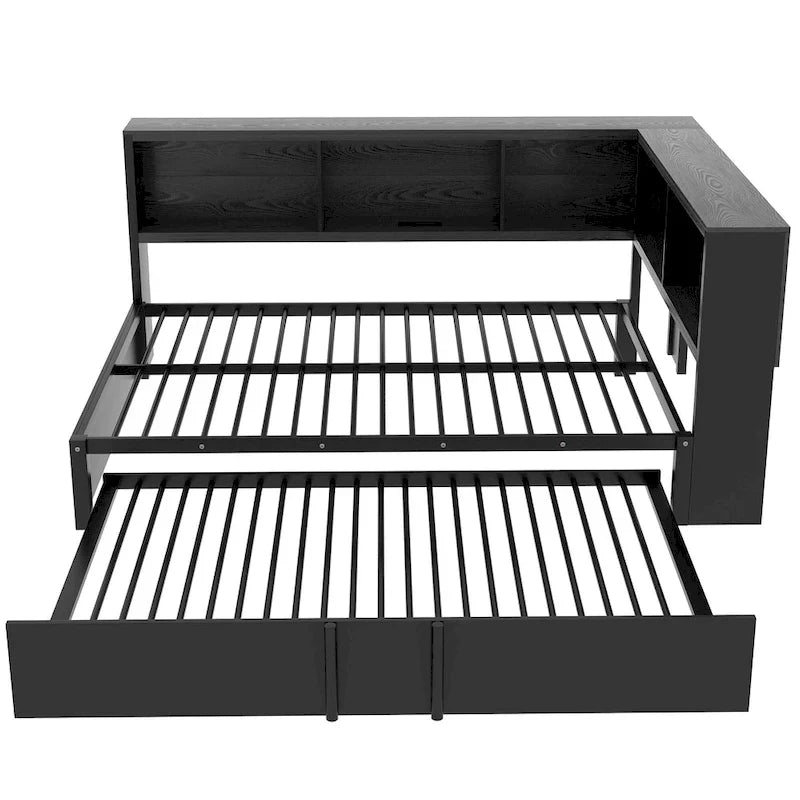 Divano Letto Devali Blue Metal con Rotelle Estraibili, 5 Armadietti Contenitore e Stazione di Ricarica – Porte USB e Prese di Corrente