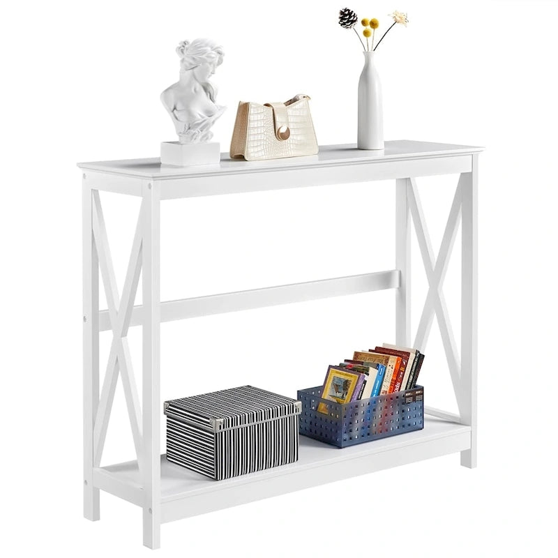 Tavolo Consolle a 2 Ripiani con Design a X – 101,6 cm, MDF e Gambe in Legno Massello, Ingresso e Soggiorno