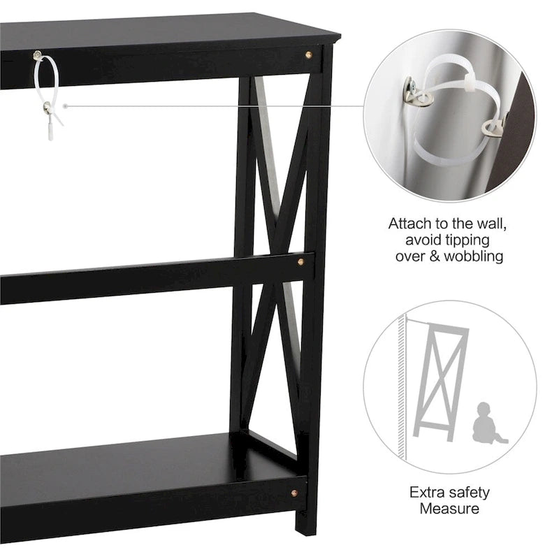 Tavolo Consolle a 2 Ripiani con Design a X – 101,6 cm, MDF e Gambe in Legno Massello, Ingresso e Soggiorno