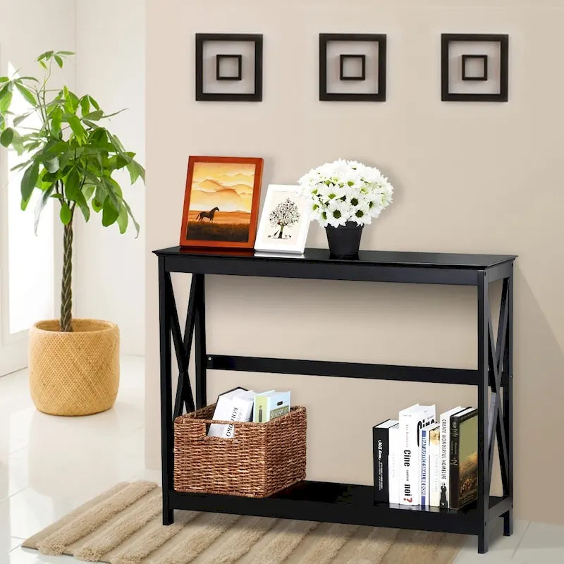 Tavolo Consolle a 2 Ripiani con Design a X – 101,6 cm, MDF e Gambe in Legno Massello, Ingresso e Soggiorno