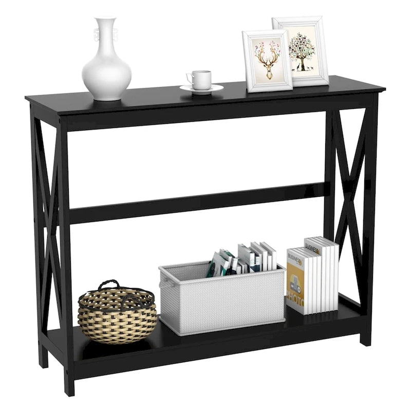 Tavolo Consolle a 2 Ripiani con Design a X – 101,6 cm, MDF e Gambe in Legno Massello, Ingresso e Soggiorno