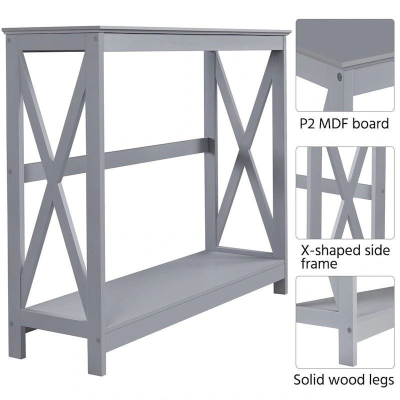 Tavolo Consolle a 2 Ripiani con Design a X – 101,6 cm, MDF e Gambe in Legno Massello, Ingresso e Soggiorno