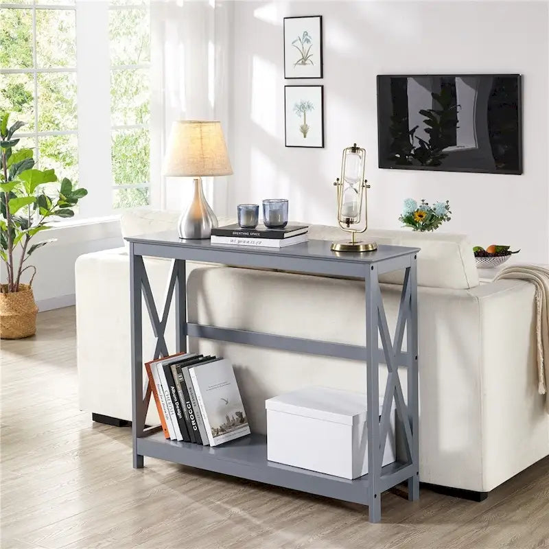 Tavolo Consolle a 2 Ripiani con Design a X – 101,6 cm, MDF e Gambe in Legno Massello, Ingresso e Soggiorno