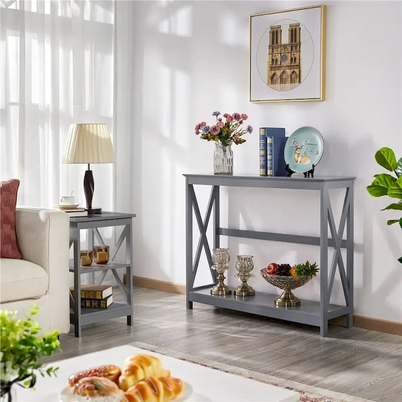 Tavolo Consolle a 2 Ripiani con Design a X – 101,6 cm, MDF e Gambe in Legno Massello, Ingresso e Soggiorno