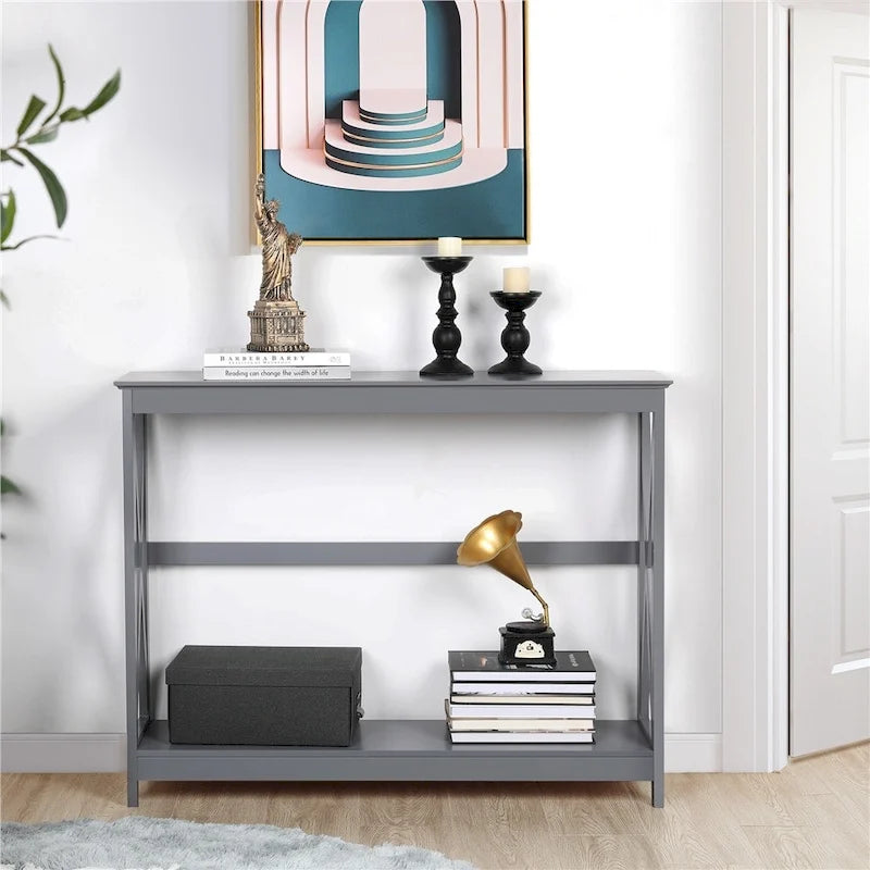 Tavolo Consolle a 2 Ripiani con Design a X – 101,6 cm, MDF e Gambe in Legno Massello, Ingresso e Soggiorno