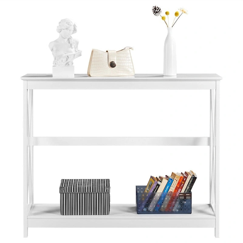 Tavolo Consolle a 2 Ripiani con Design a X – 101,6 cm, MDF e Gambe in Legno Massello, Ingresso e Soggiorno
