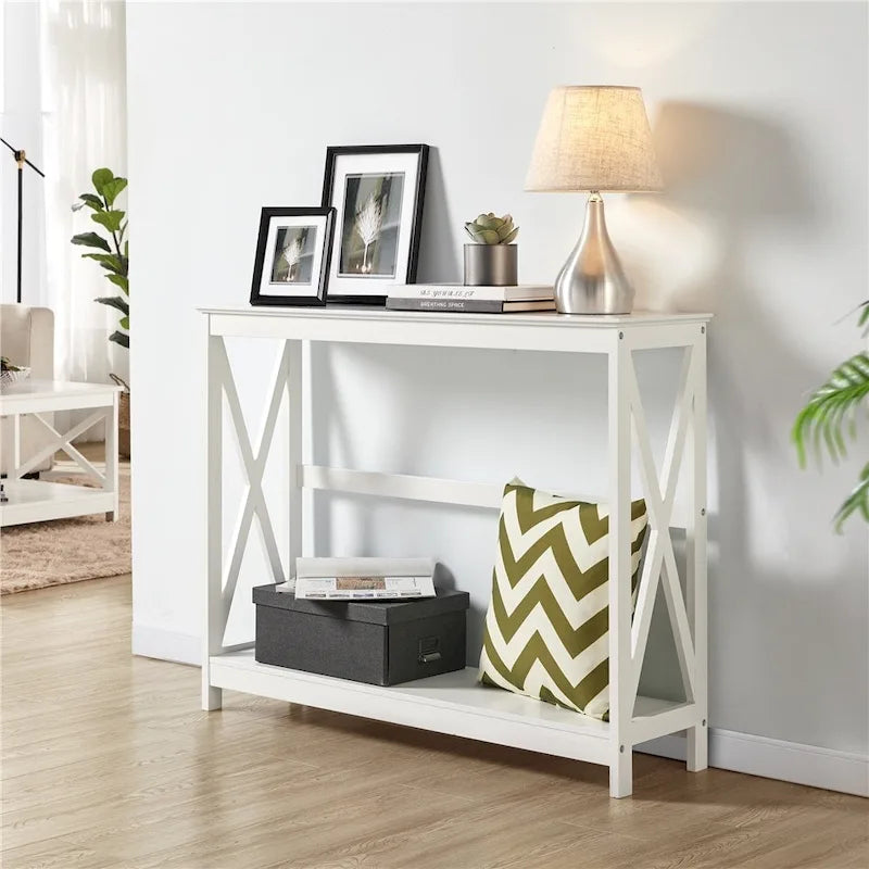 Tavolo Consolle a 2 Ripiani con Design a X – 101,6 cm, MDF e Gambe in Legno Massello, Ingresso e Soggiorno