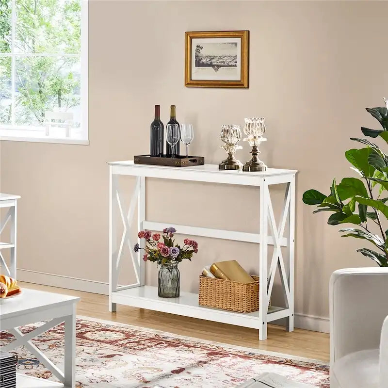 Tavolo Consolle a 2 Ripiani con Design a X – 101,6 cm, MDF e Gambe in Legno Massello, Ingresso e Soggiorno