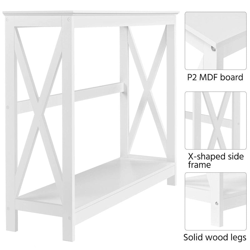 Tavolo Consolle a 2 Ripiani con Design a X – 101,6 cm, MDF e Gambe in Legno Massello, Ingresso e Soggiorno