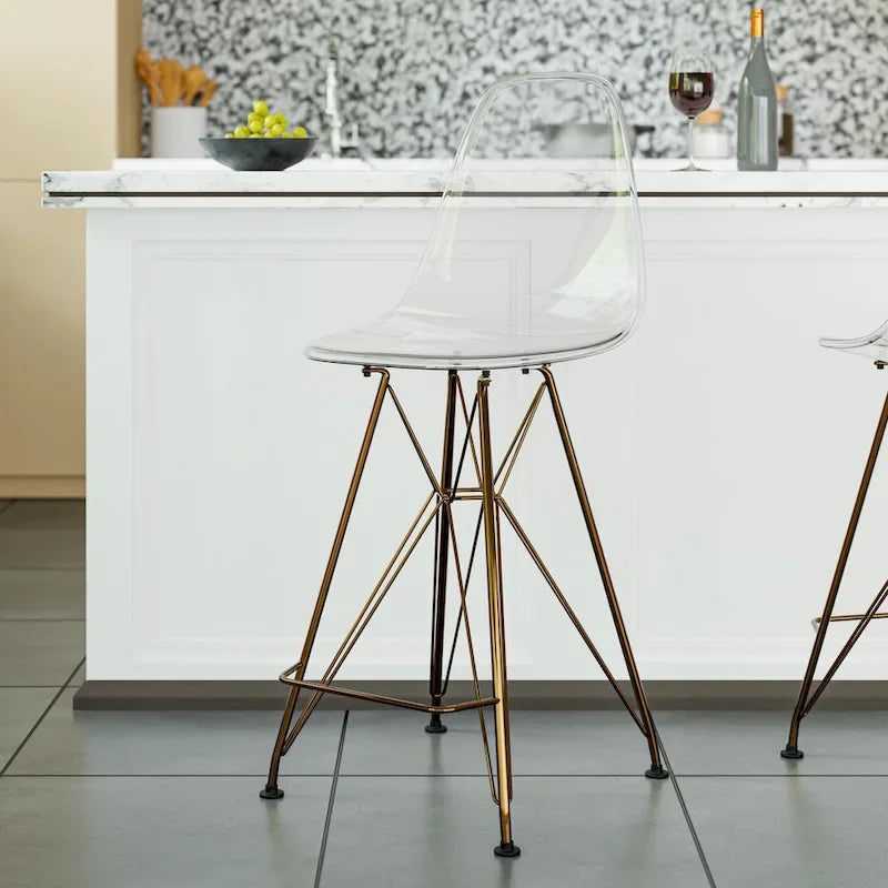 Sgabello da bar Cresco in acrilico – Base cromata spazzolata oro, poggiapiedi, colori multipli, altezza seduta 75 cm