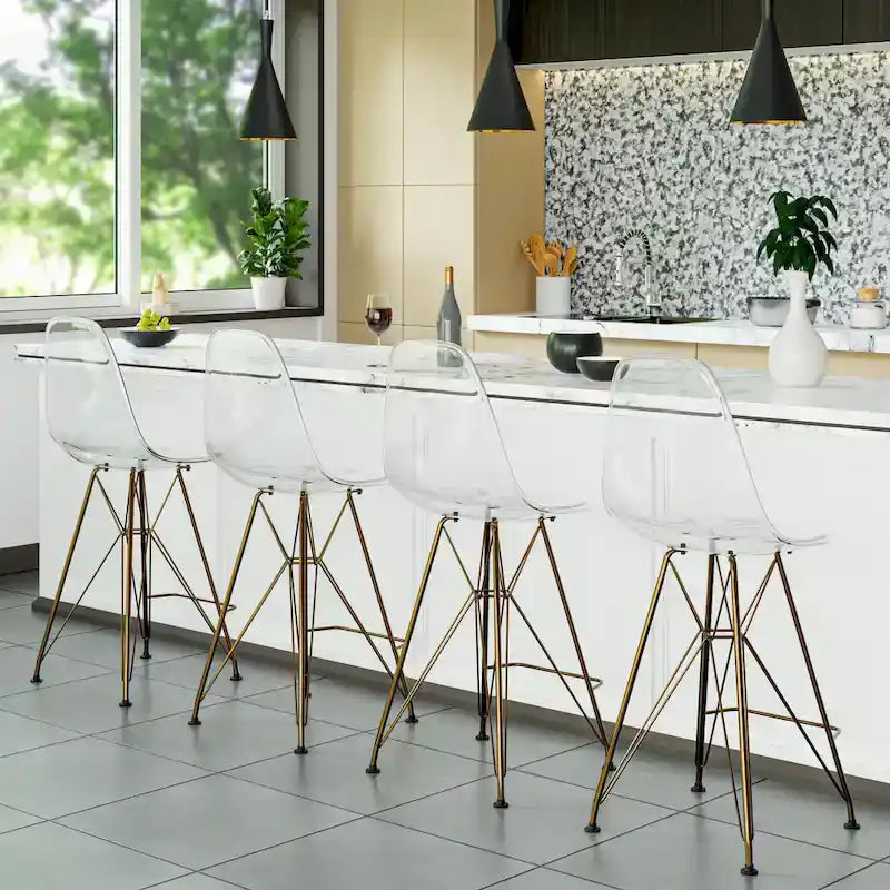 Sgabello da bar Cresco in acrilico – Base cromata spazzolata oro, poggiapiedi, colori multipli, altezza seduta 75 cm